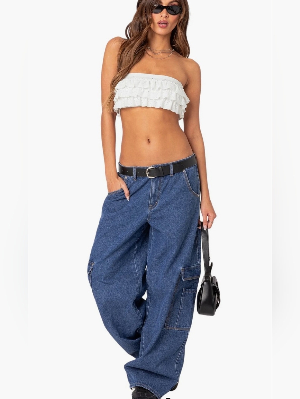 Edikted Low Rise Baggy Cargo Jeans Blue Wash Size Small